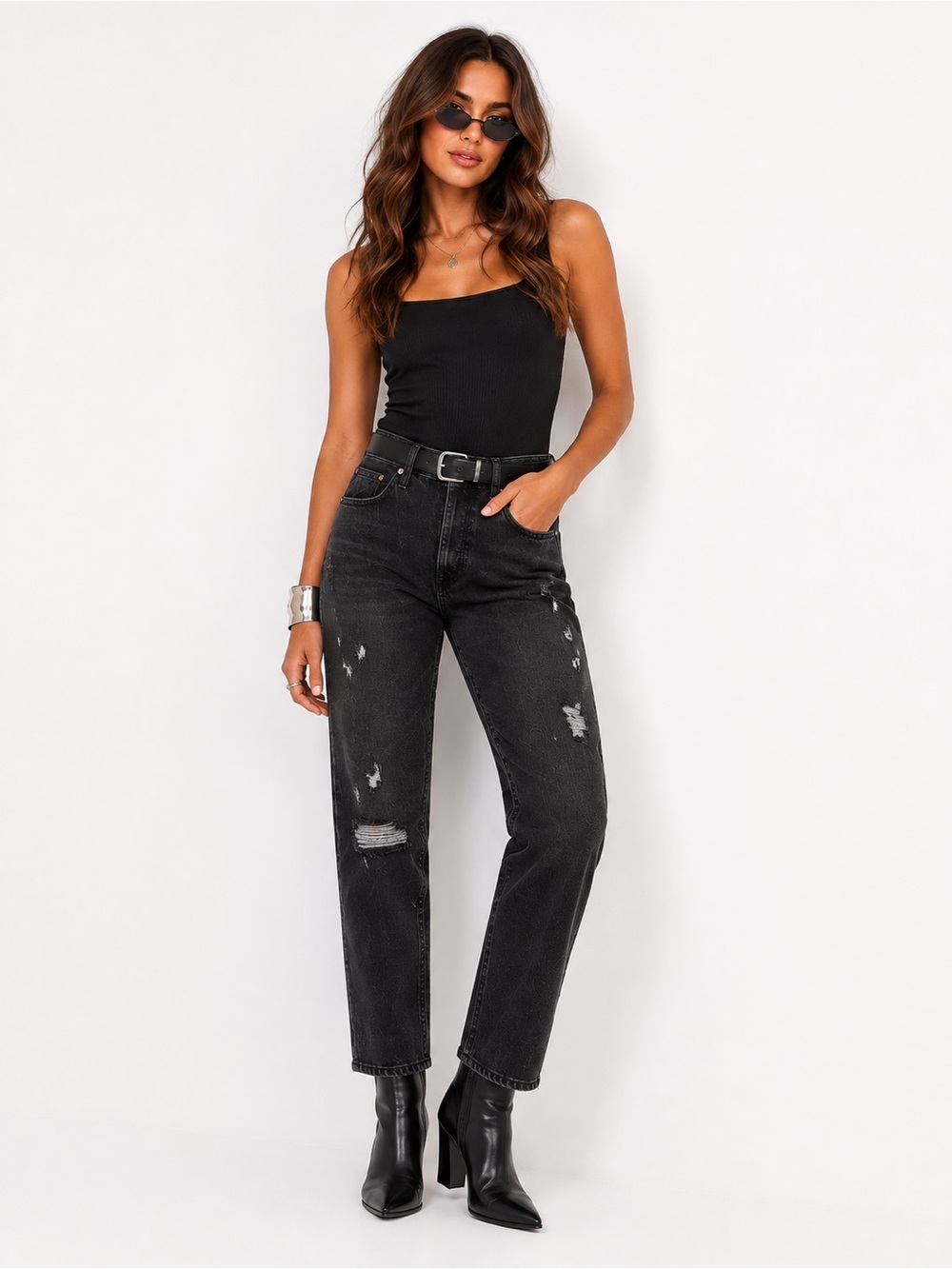 Current/Elliott The Slouchy Boyfriend Jeans Black Distressed Denim Size 25 USA